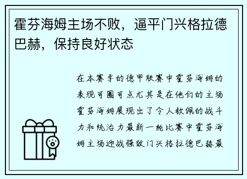 霍芬海姆主场不败，逼平门兴格拉德巴赫，保持良好状态