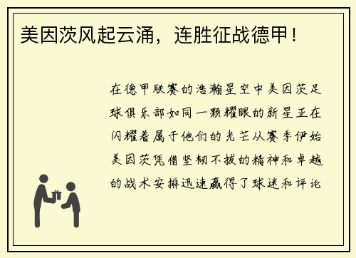 美因茨风起云涌，连胜征战德甲！