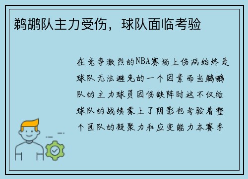 鹈鹕队主力受伤，球队面临考验